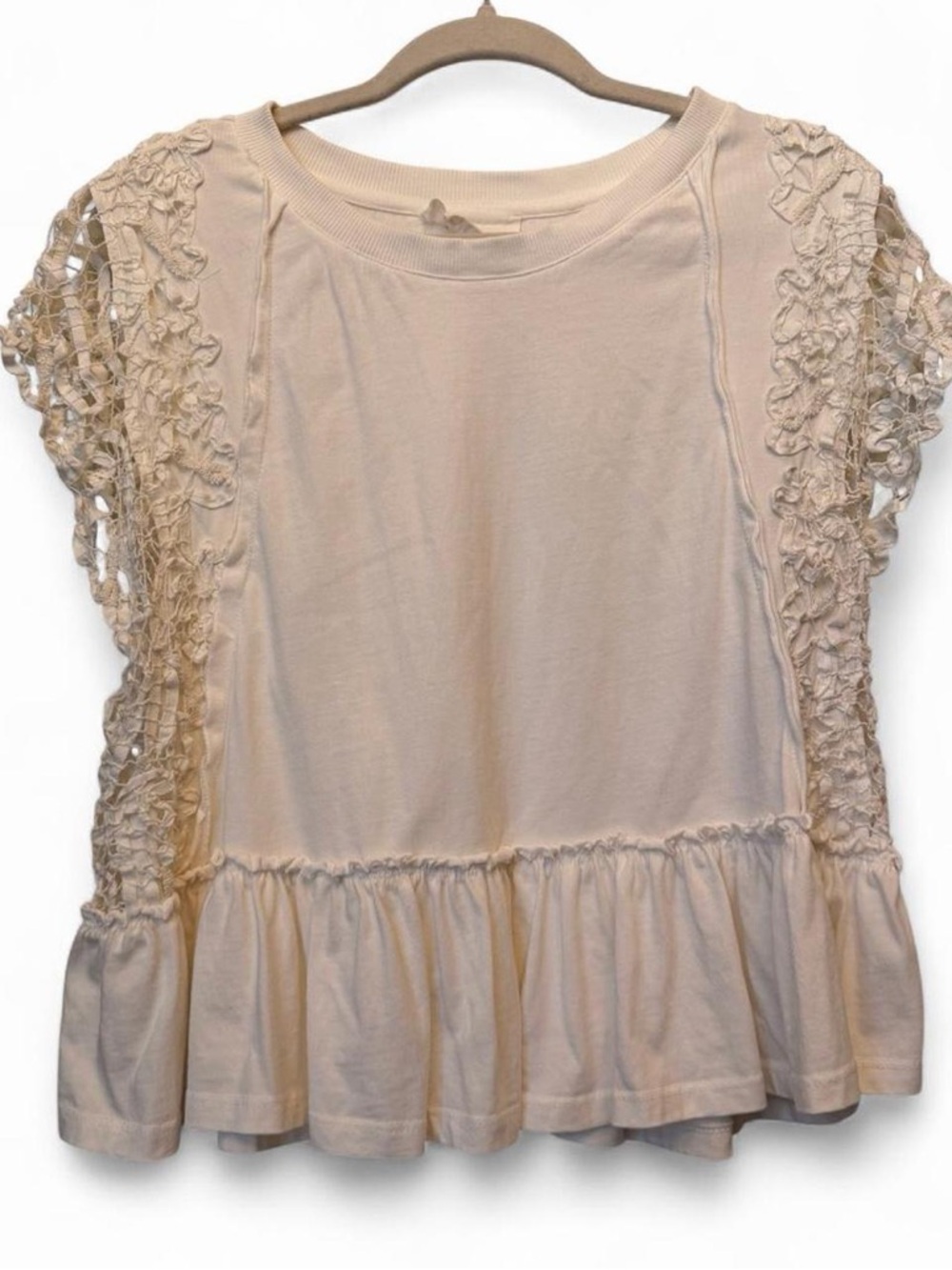 Anthropologie Crochet Sleeve Ruffle Hem Top - Cream